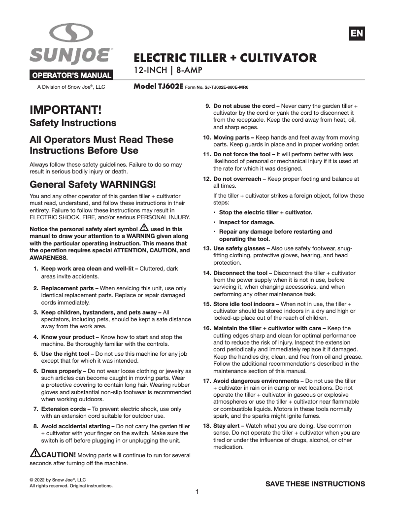 Page n°1 - Manuel utilisateur Sun Joe TJ602E