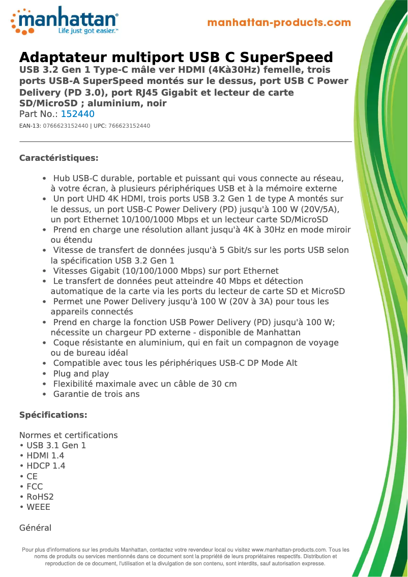 Page 1 de la notice Manuel utilisateur Manhattan 152440