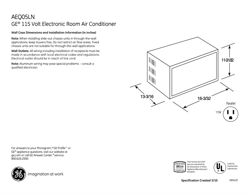 Page 1 de la notice Fiche technique GE AEQ05LN