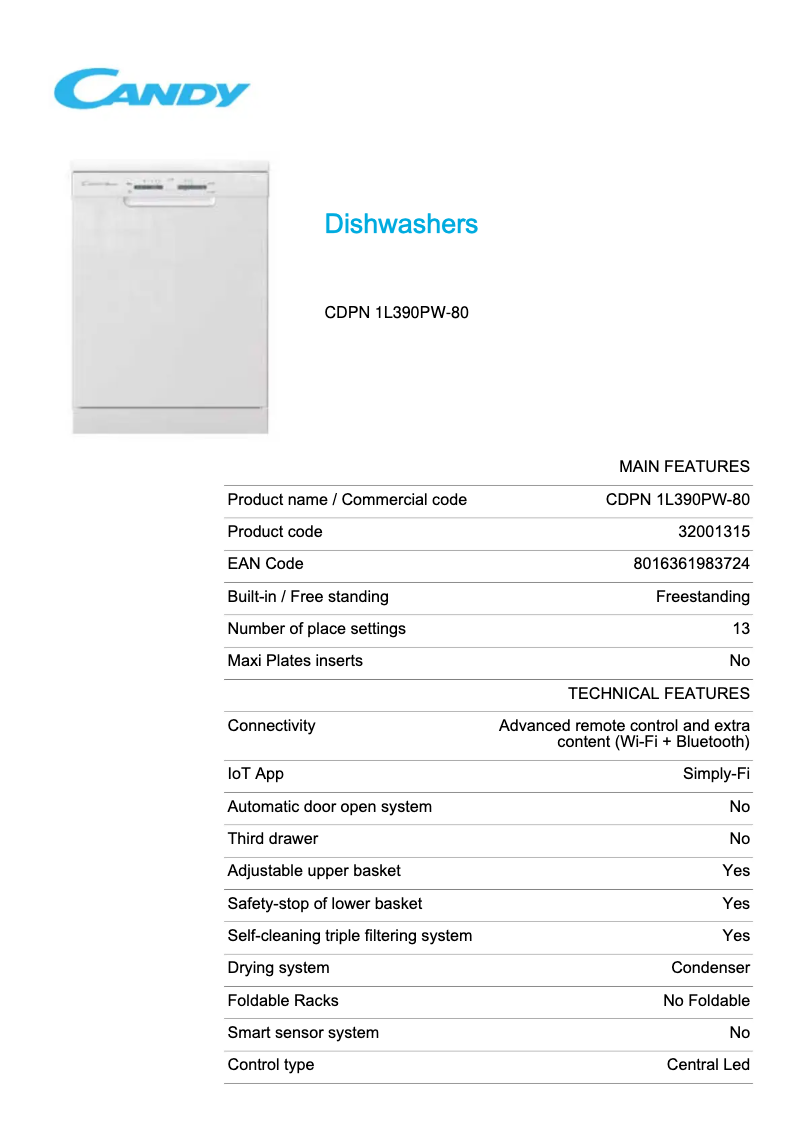 Page n°1 - Fiche technique Candy CDPN 1L390PW-80