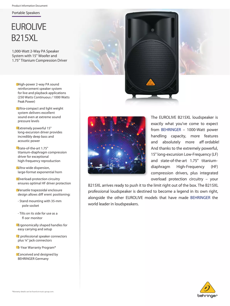 Page n°1 - Fiche technique Behringer EUROLIVE B215XL