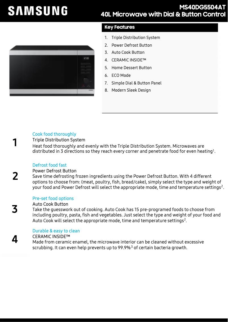 Page 1 de la notice Fiche technique Samsung MS40DG5504AT