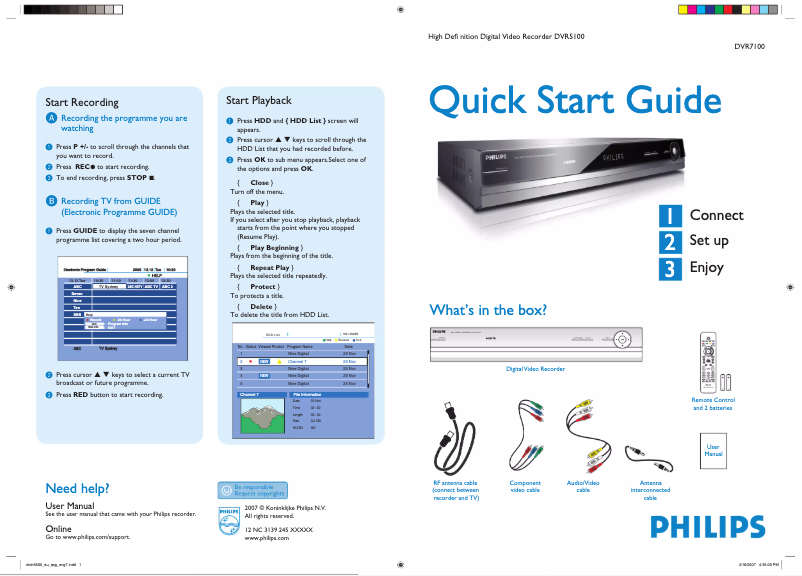 Page n°1 - Guide de démarrage rapide Philips DVR7100
