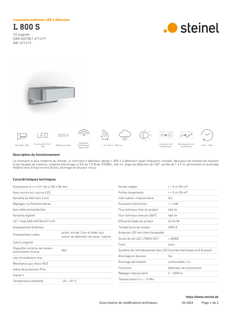 Page n°1 - Fiche technique Steinel L 800 S