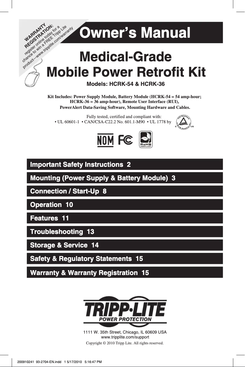 Page 1 de la notice Manuel utilisateur Tripp Lite HCRK-54
