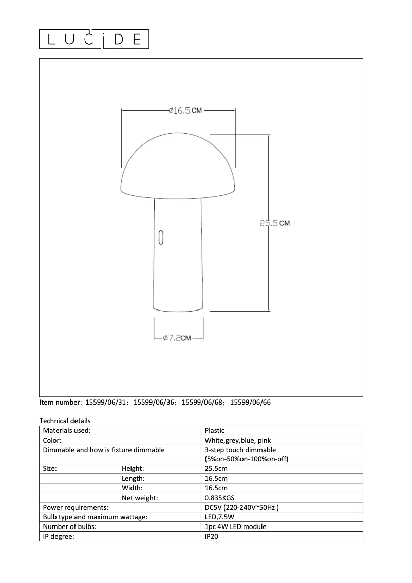 Page n°1 - Manuel utilisateur Lucide Fungo 15599/06/31
