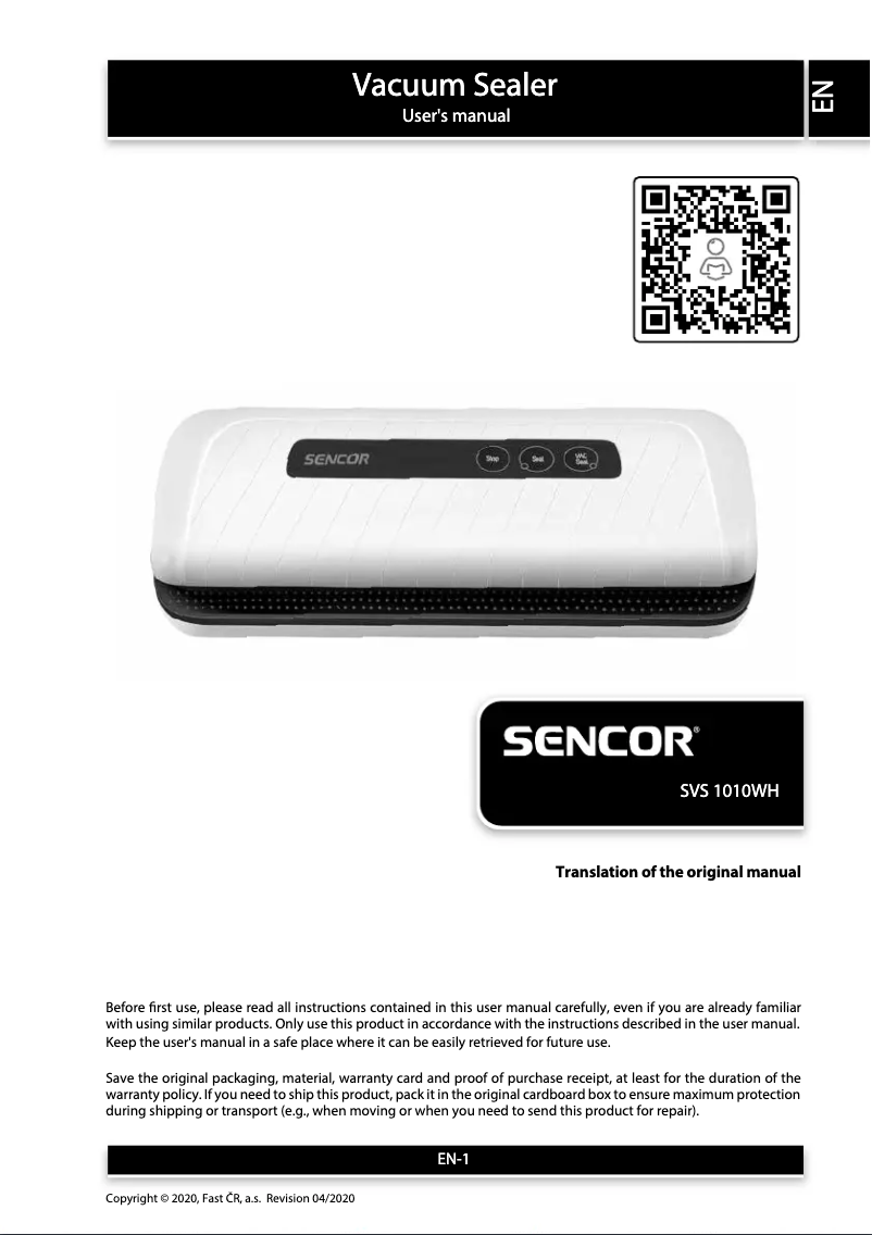 Page n°1 - Manuel utilisateur Sencor SVS 1010WH