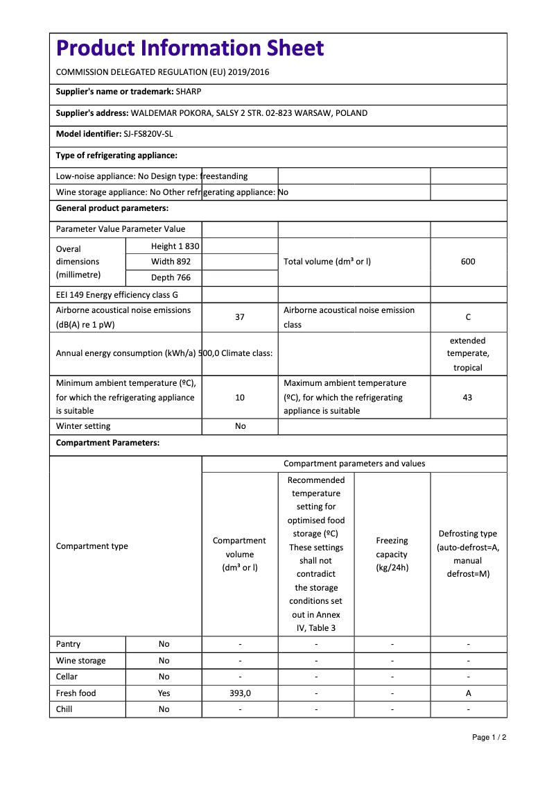 Page n°1 - Manuel utilisateur Sharp SJ-FS820V-SL