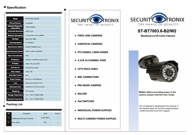Page n°1 - Manuel utilisateur Security Tronix ST-BT7003.6-W2