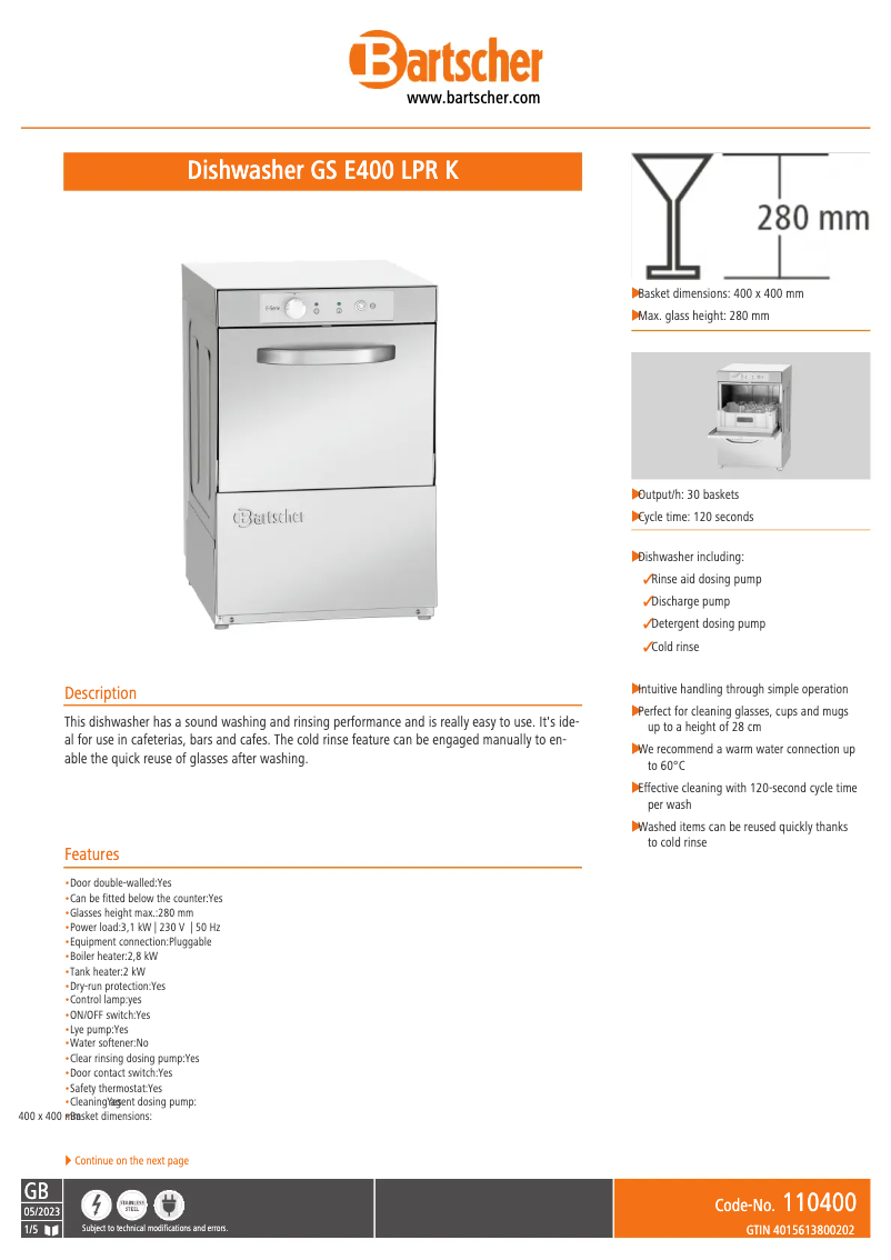 Page 1 de la notice Fiche technique Bartscher GS E400 LPR K