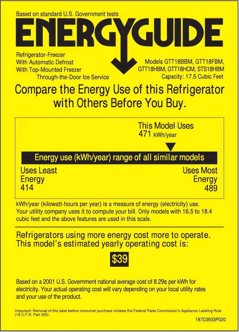 Page 1 de la notice Label énergétique GE STS18HBMCC