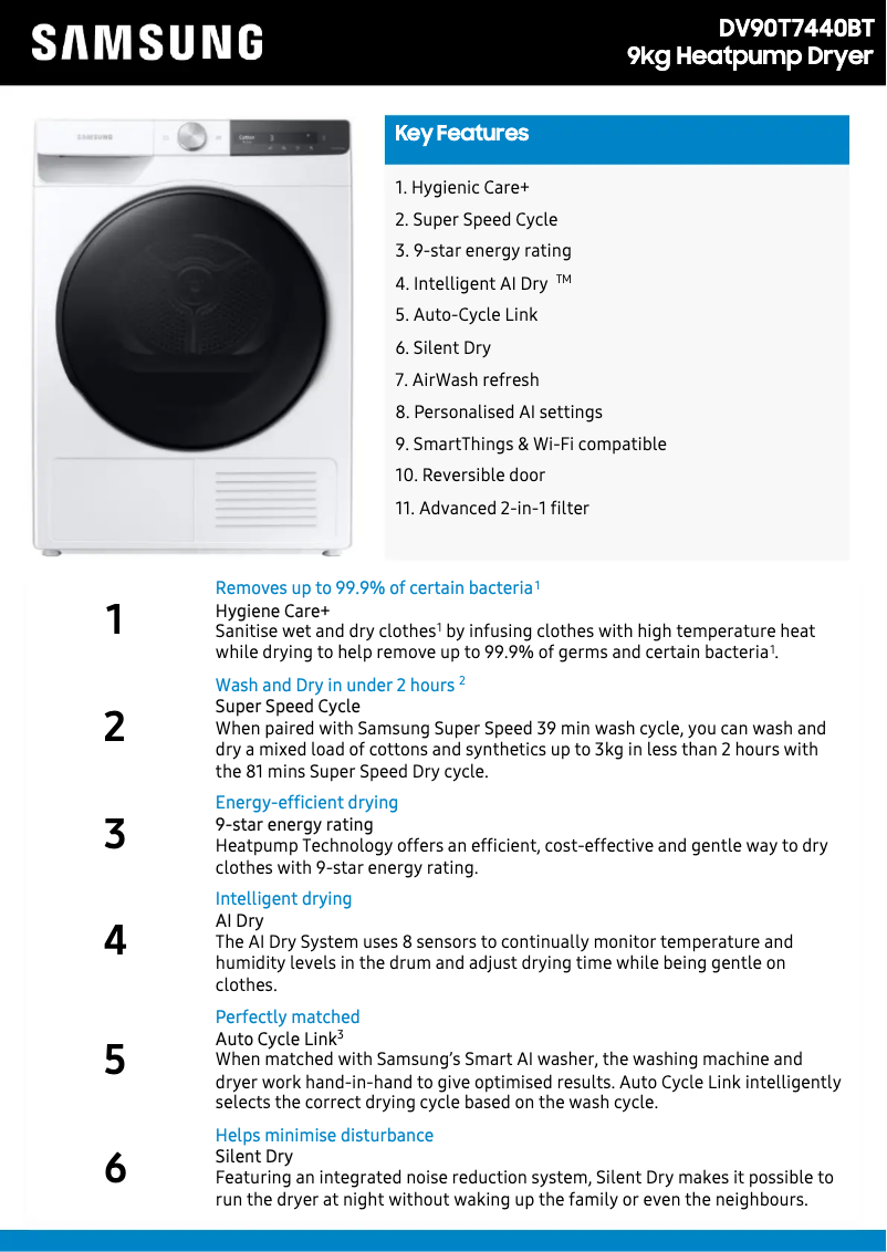 Page n°1 - Fiche technique Samsung DV90T7440BT