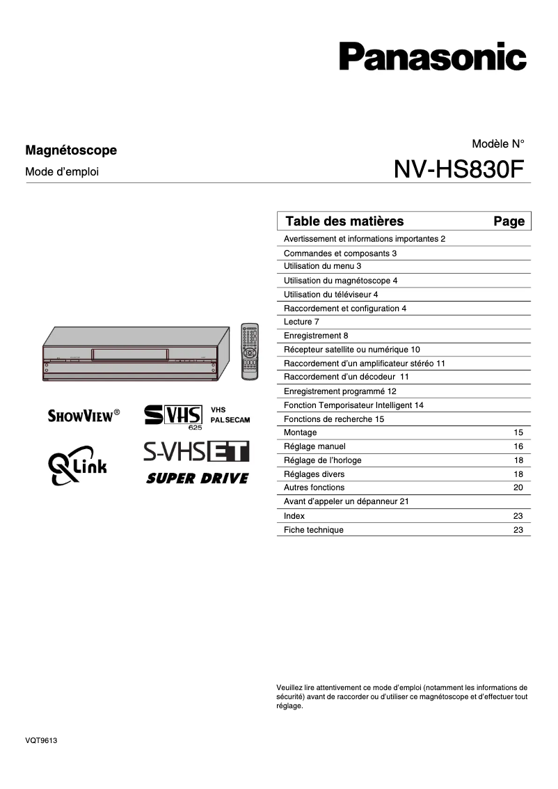 Page n°1 - Manuel utilisateur Panasonic MV-HS830F