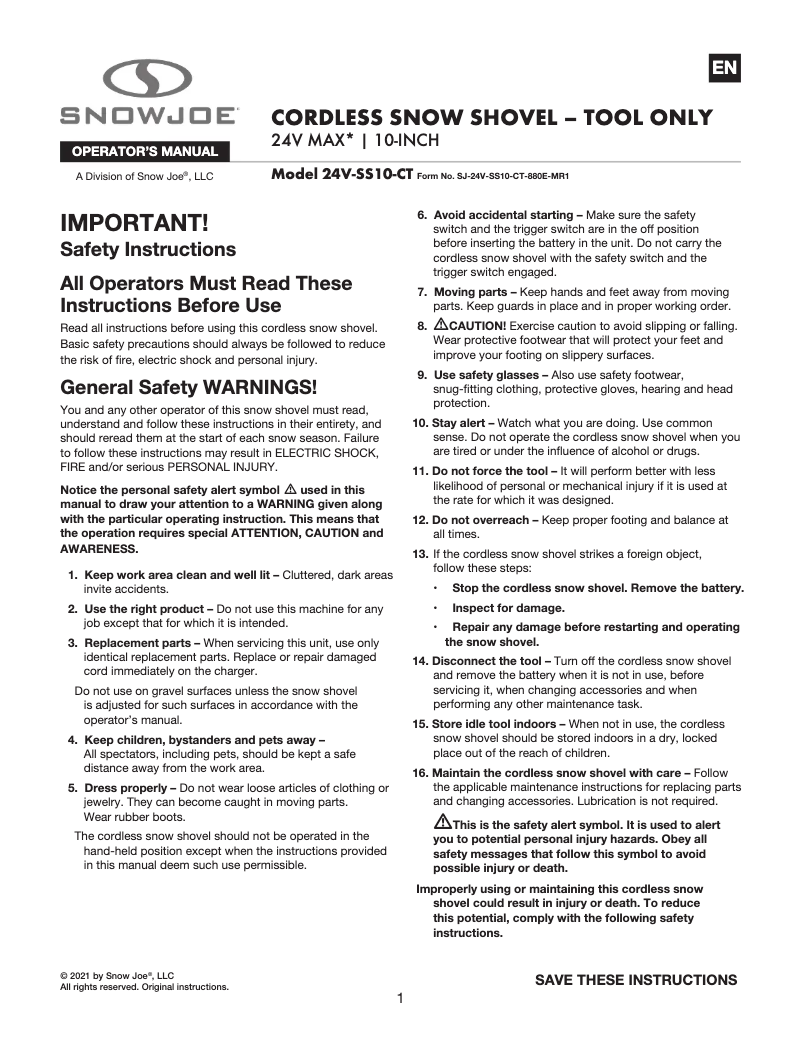 Page 1 de la notice Manuel utilisateur Snow Joe 24V-SS10-CT