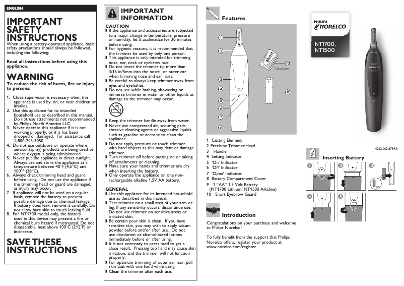 Image de la première page du manuel de l'appareil Norelco Series 1000 NT1700