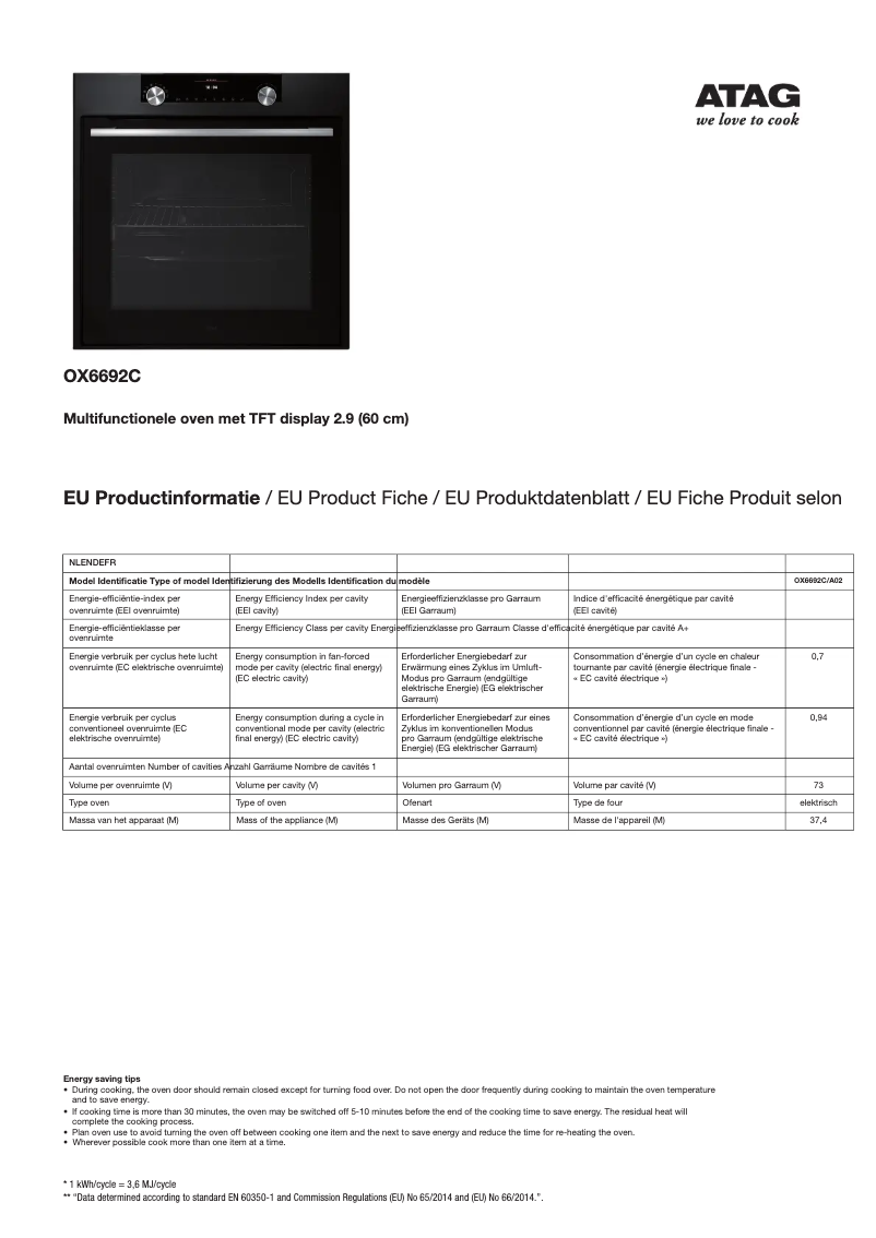 Page 1 de la notice Fiche technique Atag OX6692C