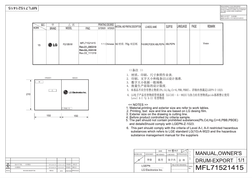 Page 1 de la notice Manuel utilisateur LG FQ13BVW