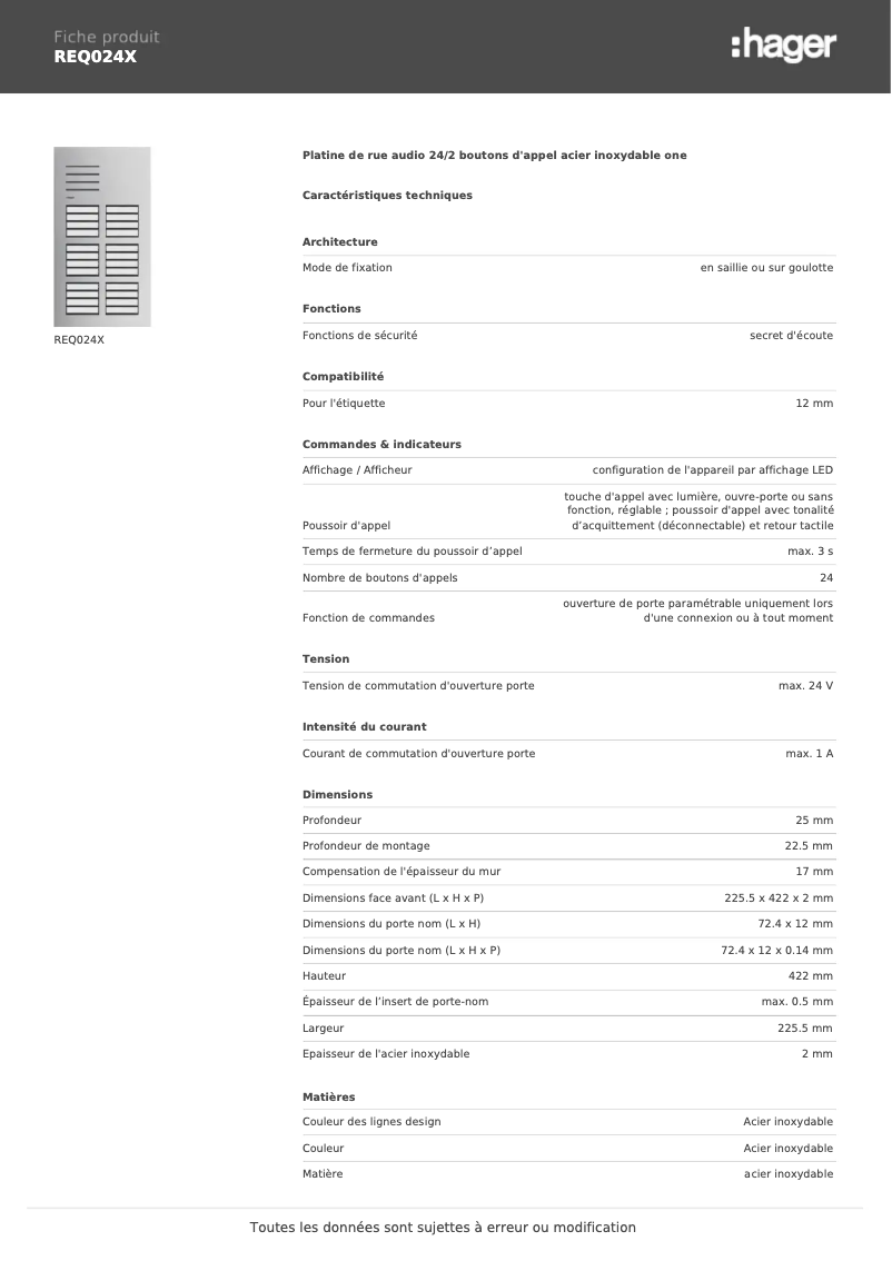 Page 1 de la notice Fiche technique Elcom REQ024X