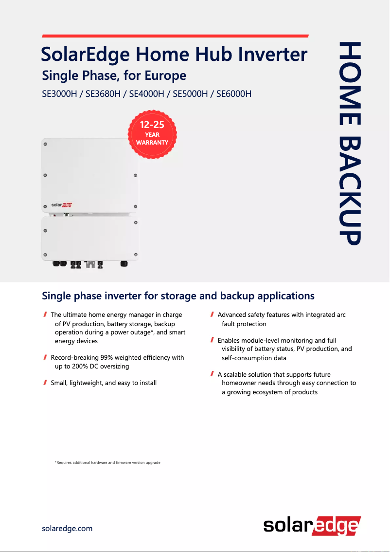 Page 1 de la notice Fiche technique SolarEdge Home Hub SE4000H