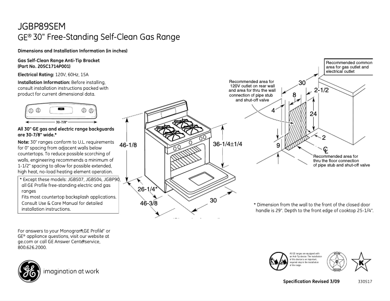 Page 1 de la notice Fiche technique GE JGBP89SEMSS