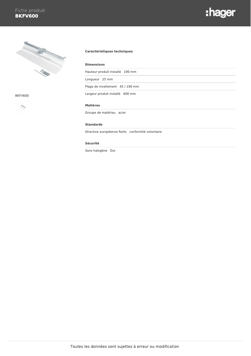 Page 1 de la notice Fiche technique Hager BKFV600
