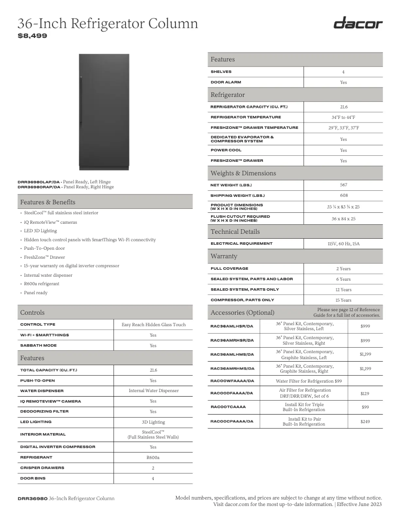 Page 1 de la notice Fiche technique Dacor RAC18AMLHMS