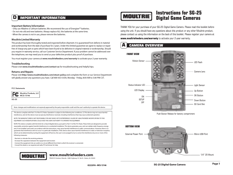 Page n°1 - Manuel utilisateur Moultrie SG-25
