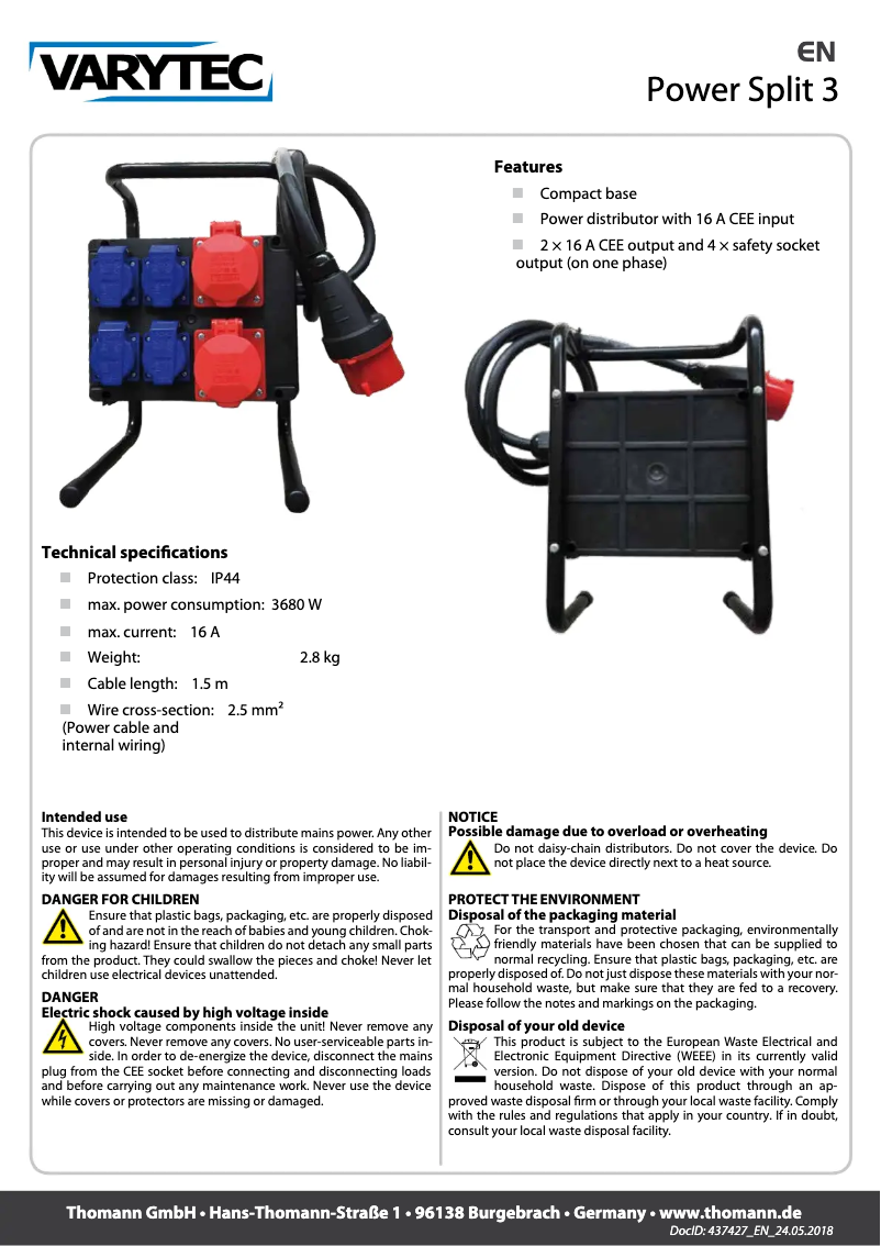 Page 1 de la notice Manuel utilisateur Varytec Power Split 3