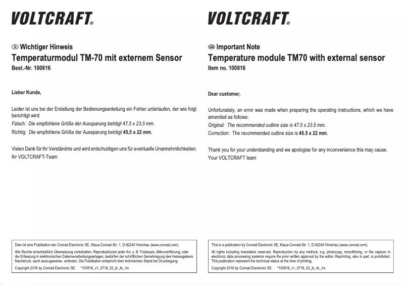 Page 1 de la notice Manuel utilisateur Voltcraft TM-70