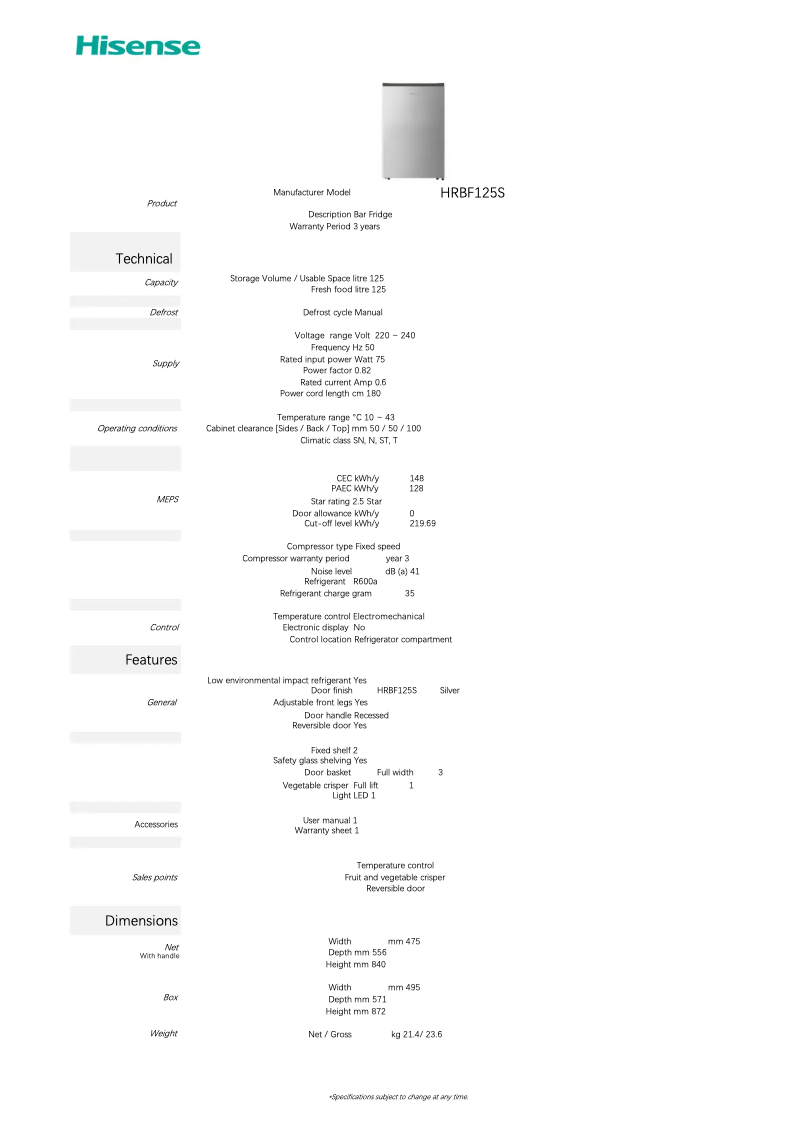 Page 1 de la notice Fiche technique Hisense HRBF125S