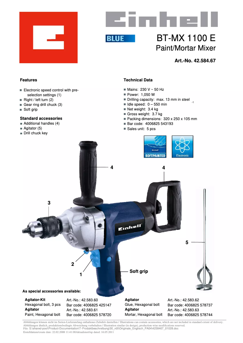 Page 1 de la notice Fiche technique Einhell BT-MX 1100 E