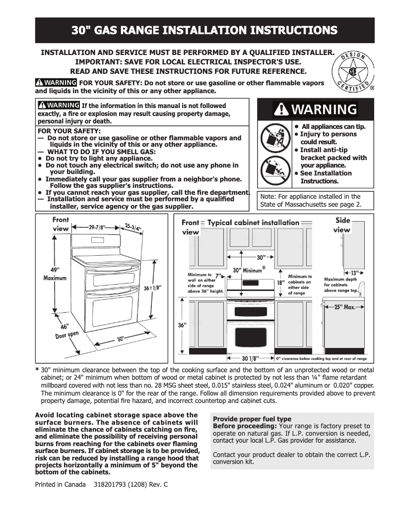 Page 1 de la notice Guide d'installation Frigidaire FGGF304DLF