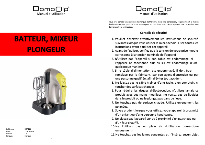 Page 1 de la notice Manuel utilisateur Domoclip DOP111