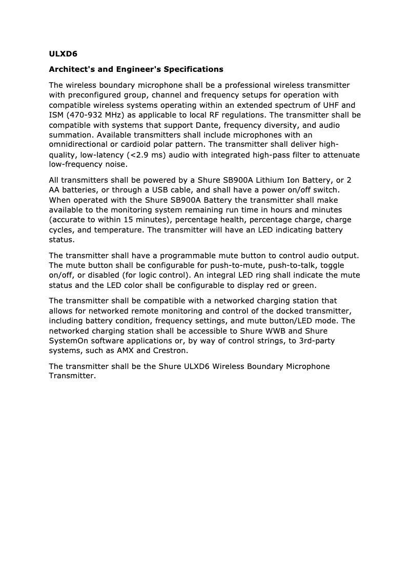 Page n°1 - Fiche technique Shure ULXD8