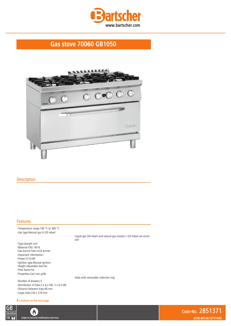 Page n°1 - Fiche technique Bartscher 2851371