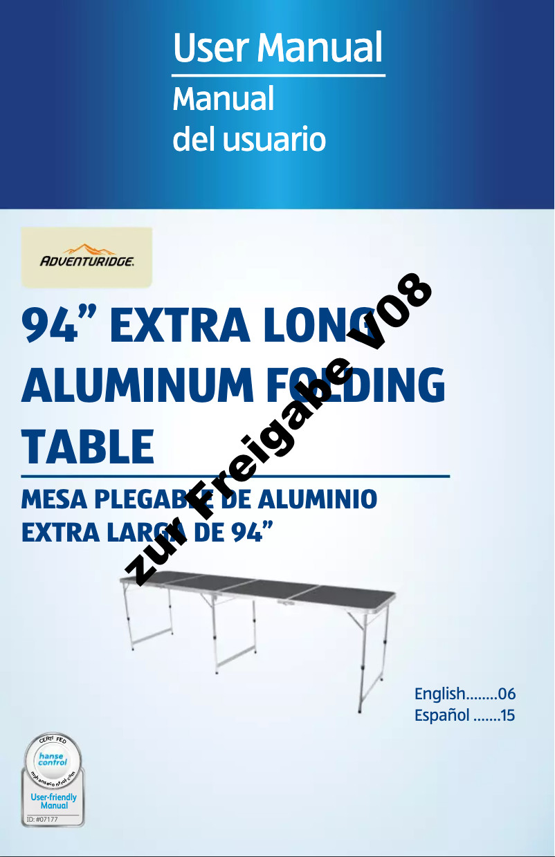 Image de la première page du manuel de l'appareil 94" Extra Long Aluminum Folding Table 94813