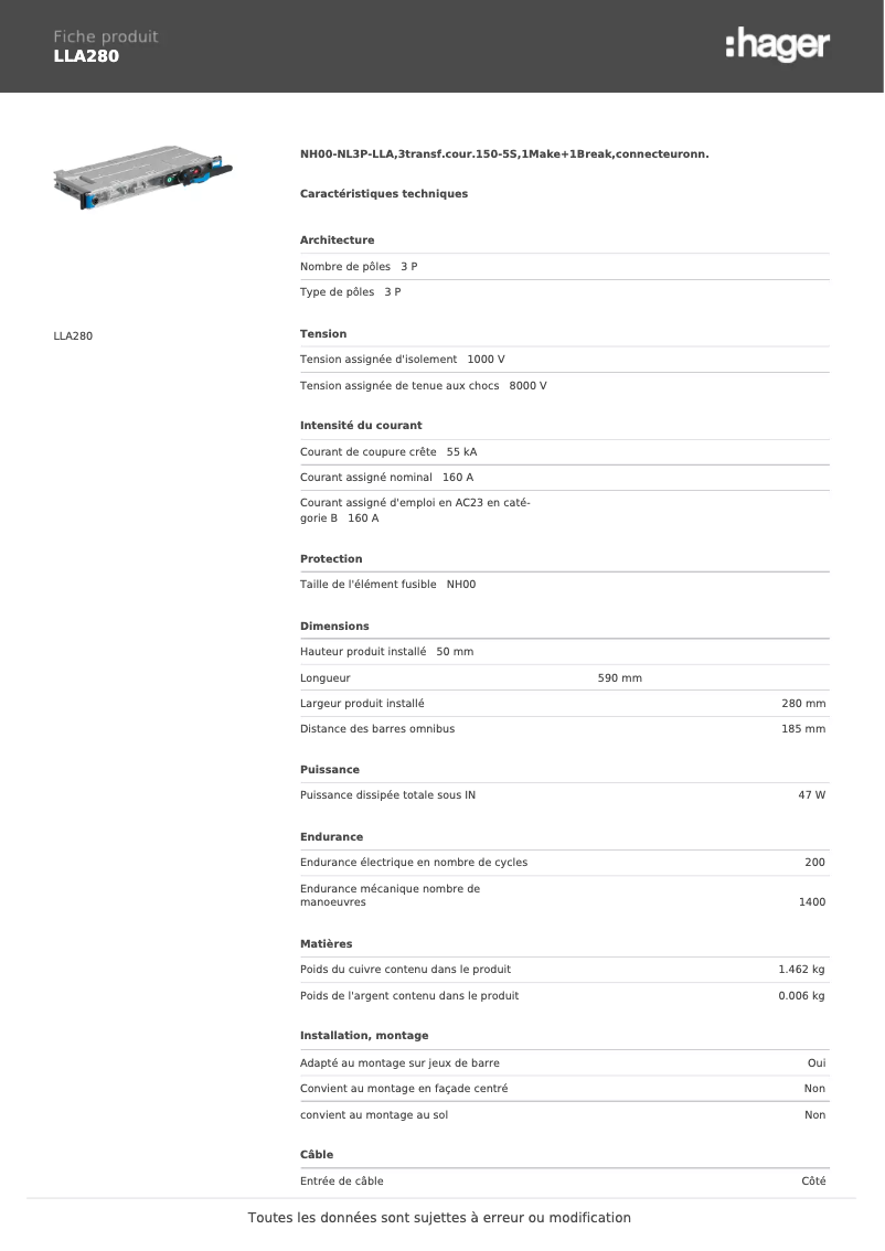 Page n°1 - Fiche technique Hager LLA280