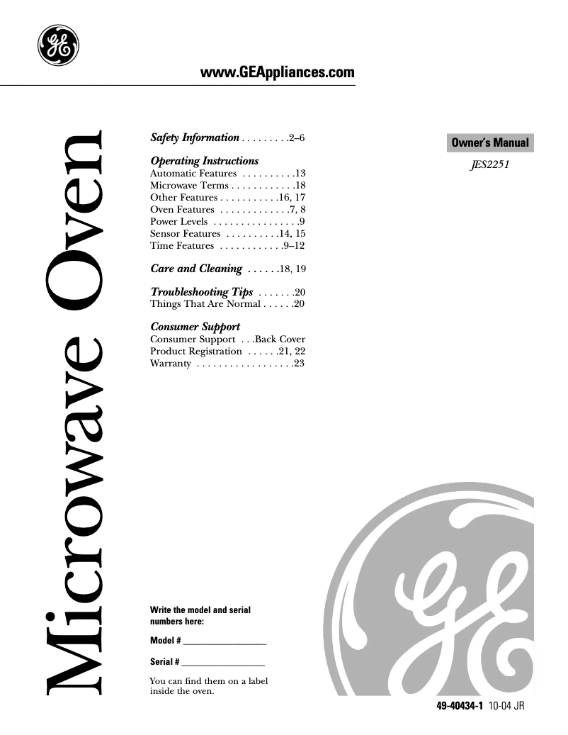 Page 1 de la notice Manuel d'utilisation et d'entretien GE Profile JES2251SJ