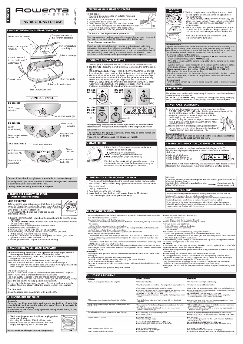 Page 1 de la notice Manuel utilisateur Rowenta Master DG 531