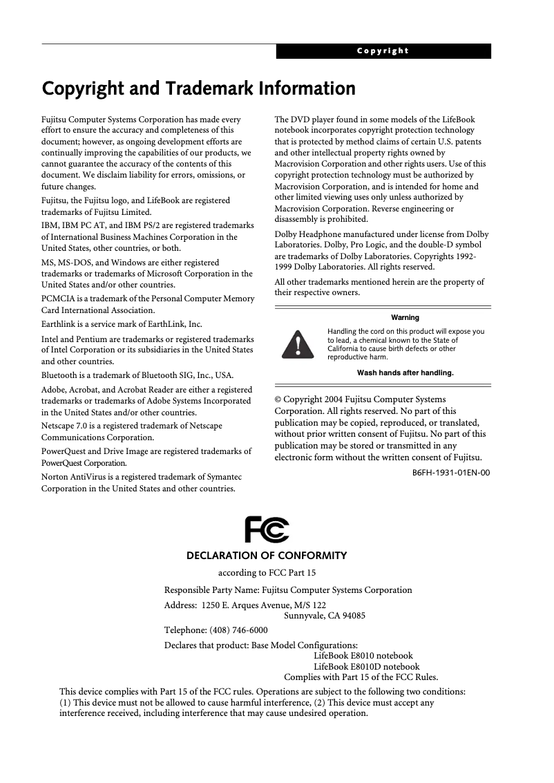 Image de la première page du manuel de l'appareil LifeBook E8010