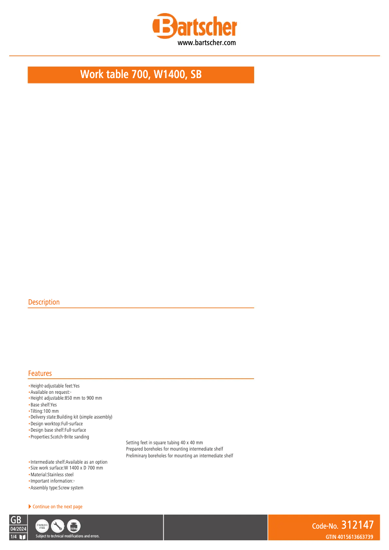 Page n°1 - Fiche technique Bartscher 348147