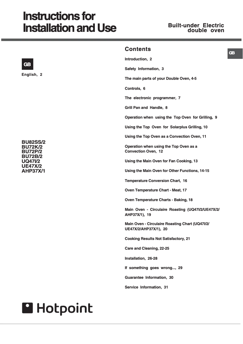 Page 1 de la notice Manuel utilisateur Hotpoint BU72P2