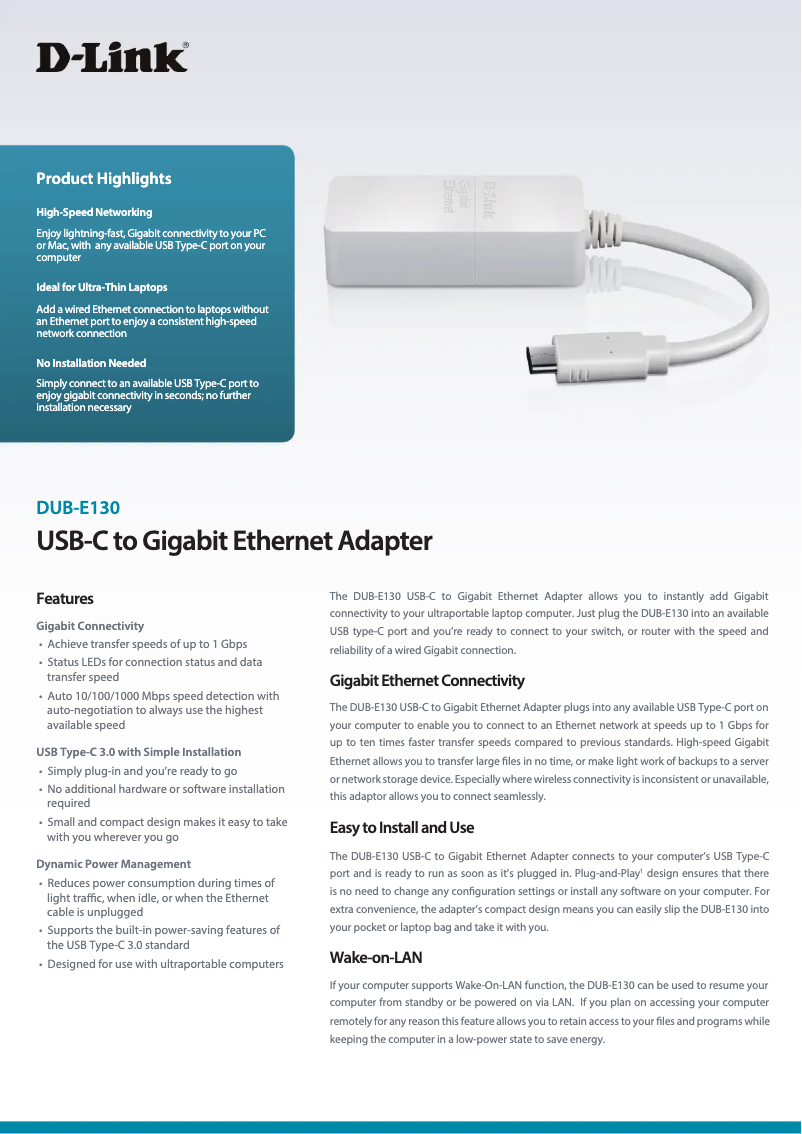 Page 1 de la notice Fiche technique D-Link DUB-E130