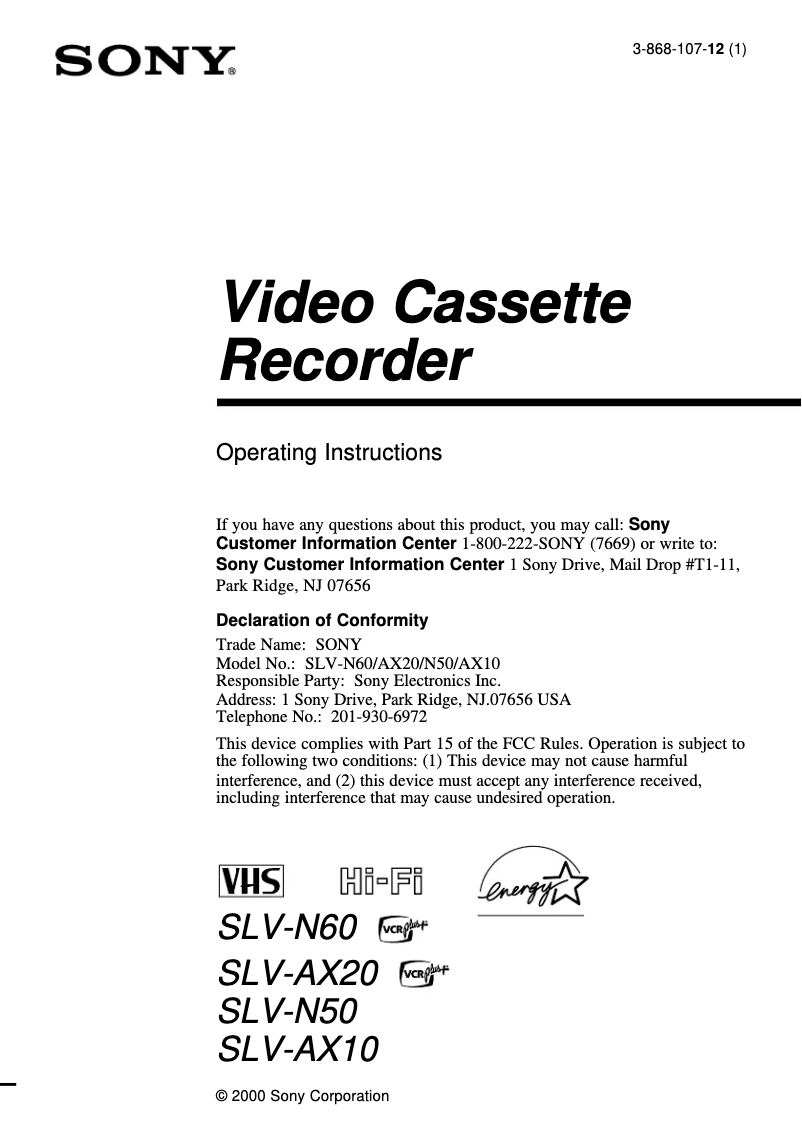 Page 1 de la notice Manuel utilisateur Sony SLV-AX20