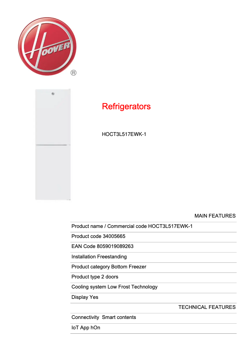Page 1 de la notice Fiche technique Hoover HOCT3L517EWK-1