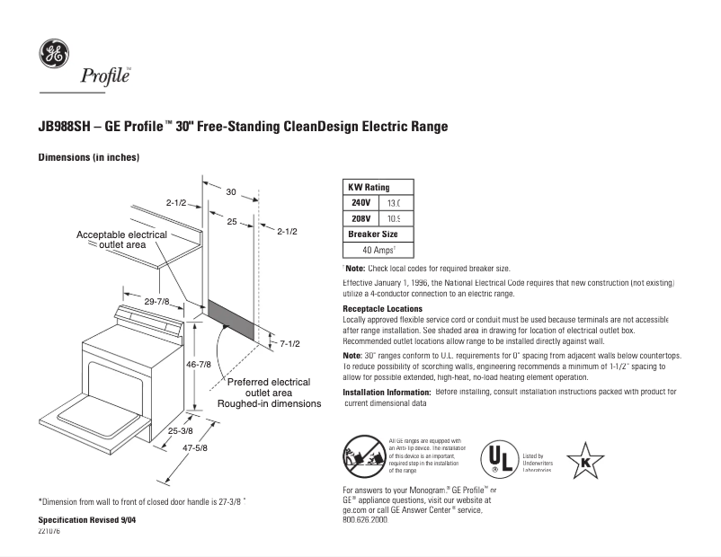 Page n°1 - Fiche technique GE Profile JB988SHSS