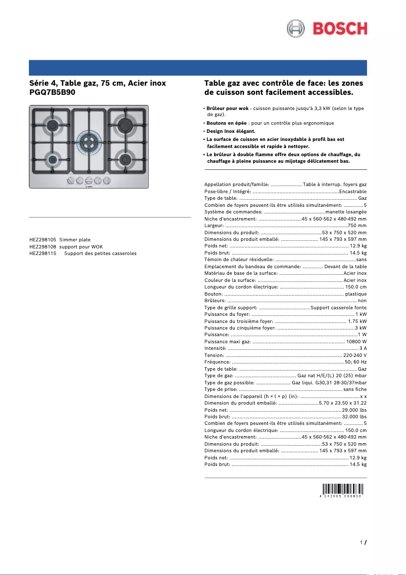 Page n°1 - Fiche technique Bosch PGQ7B5B90