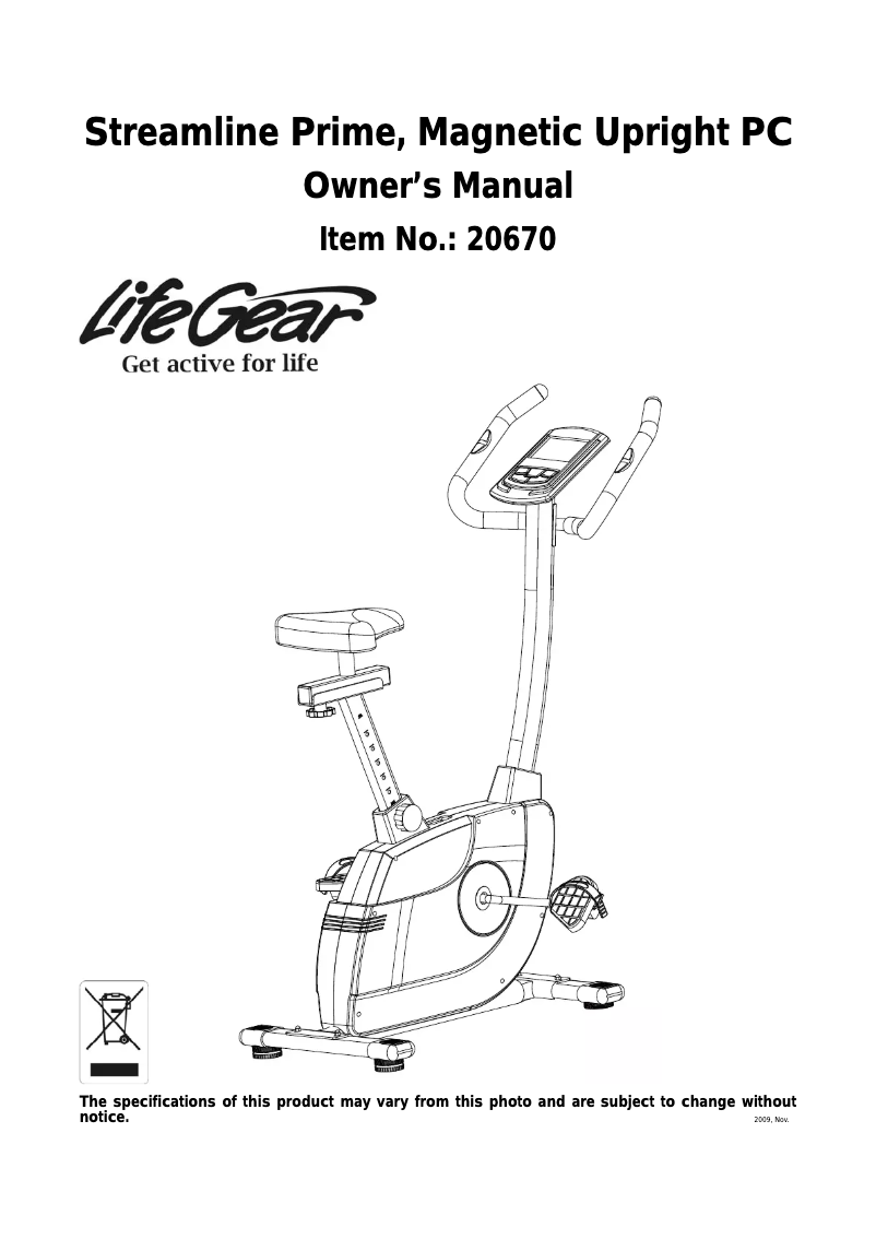 Image de la première page du manuel de l'appareil Streamline Prime Magnetic Upright Bike PC 20670