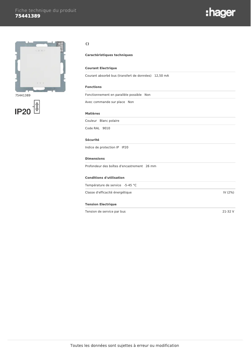 Page 1 de la notice Fiche technique Hager 75441389