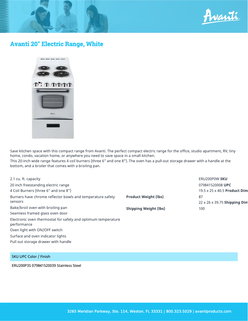 Page 1 de la notice Fiche technique Avanti ERU200P0W